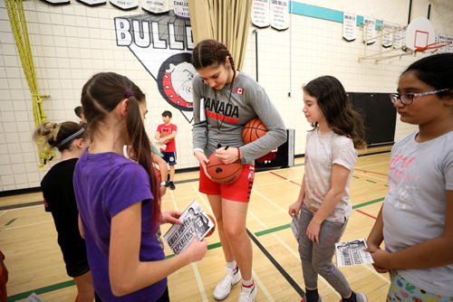 RUTH BONNEVILLE / WINNIPEG FREE PRESS

SPORTS - Emily Potter

Ashley Porco in grade 5 at Samuel Burland School (purple), gets Pro basketball player, Emily Potter's, autograph with her classmate, Daniela Yelenchuk (grey t-shirt, right), looking over her shoulder, after a gym class taught by Potter at their school on Thursday.  
 
Description: Pro basketball player Emily Potter returns to her old middle school,Samuel Burland School, for another stop in her tour around Winnipeg area schools in which she is promoting fitness and basketball.



Mike Sawatzky story. 


January 24th, 2019
