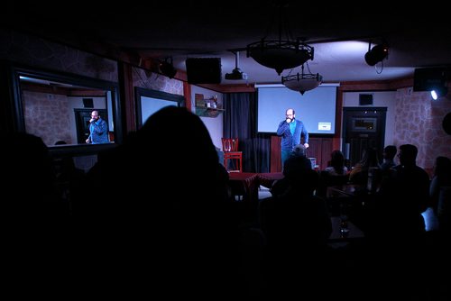 PHIL HOSSACK / WINNIPEG FREE PRESS - Comedy on stage at Wee Johnny's John Giannakis'  basement comedy club under his restaurant Johnny G's. See story. January 23, 2019