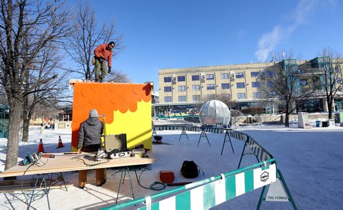 TREVOR HAGAN / WINNIPEG FREE PRESS
Chris Pancoe on top of Huttie, a warming hut that he designed alongside fellow Winnipeger, Jennie O'Keefe at The Forks, Friday, January 25, 2019.