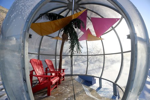 TREVOR HAGAN / WINNIPEG FREE PRESS
Greetings From Bubble Beach, one of the warming huts on display at The Forks, modeled to be an "inverse snowglobe," designed by Team 888, from Chicago, Friday, January 25, 2019.