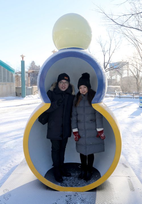 TREVOR HAGAN / WINNIPEG FREE PRESS
Jaeyual Lee and Haemee Han, designers from Jersey City, NJ, inside part of the warming hut display they designed called Weathermen, at The Forks, Friday, January 25, 2019.