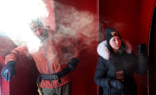 TREVOR HAGAN / WINNIPEG FREE PRESS
Winnipeg design duo, Chris Pancoe and Jennie O'Keefe inside Huttie, a warming hut they designed, at The Forks, Friday, January 25, 2019.