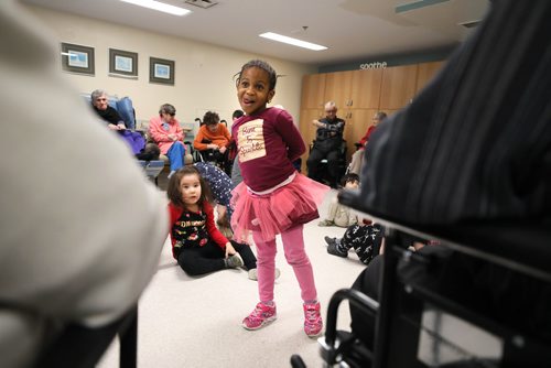 RUTH BONNEVILLE / WINNIPEG FREE PRESS

Sunday Special, Feature on  - Seniors and kids music class. 

Photo of Firdaus (4yrs) as she shows the residents how she can dance during interactive music class.

Daycare kids (ages 3 & 4), from Prairie Children's Centre, and residents of Pembina Place Personal Care Home, both located at the Deaf Centre Manitoba on Pembina,  meet weekly for 30 minute music class.  

Music teacher and chaplain, Michele Barr,
leads kids into playing bells and drums and other percussion instruments, as well as dancing with ribbons and scarfs during interactive music class Friday.  The children take part in the class in the centre as the adults from the centre watch and participate.

See Brenda Suderman's story. Story to run on a Sunday, Feb 4th. 

January 18th, 2019
