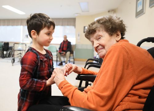 RUTH BONNEVILLE / WINNIPEG FREE PRESS

Sunday Special, Feature on  - Seniors and kids music class. 

Photo of Hela (4yrs) as she gently takes the hands of resident, Linda Neufeld,, during music class.    

Daycare kids (ages 3 & 4), from Prairie Children's Centre, and residents of Pembina Place Personal Care Home, both located at the Deaf Centre Manitoba on Pembina,  meet weekly for 30 minute music class.  

Music teacher and chaplain, Michele Barr,
leads kids into playing bells and drums and other percussion instruments, as well as dancing with ribbons and scarfs during interactive music class Friday.  The children take part in the class in the centre as the adults from the centre watch and participate.

See Brenda Suderman's story. Story to run on a Sunday, Feb 4th. 

January 18th, 2019
