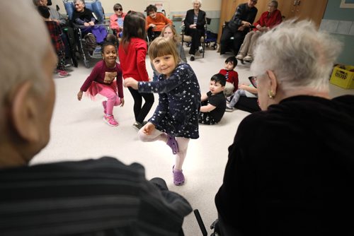 RUTH BONNEVILLE / WINNIPEG FREE PRESS

Sunday Special, Feature on  - Seniors and kids music class. 


Photo of Freya (4yrs) as she shows residents her dance moves during interactive music class.


Daycare kids (ages 3 & 4), from Prairie Children's Centre, and residents of Pembina Place Personal Care Home, both located at the Deaf Centre Manitoba on Pembina,  meet weekly for 30 minute music class.  

Music teacher and chaplain, Michele Barr,
leads kids into playing bells and drums and other percussion instruments, as well as dancing with ribbons and scarfs during interactive music class Friday.  The children take part in the class in the centre as the adults from the centre watch and participate.


See Brenda Suderman's story. Story to run on a Sunday, Feb 4th. 

January 18th, 2019
