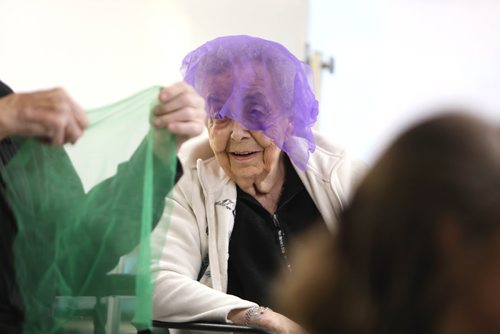 RUTH BONNEVILLE / WINNIPEG FREE PRESS

Sunday Special, Feature on  - Seniors and kids music class. 

Photo of resident, Joyce Babiuk, having some fun as she covers her head with a scarf to copy the kids during interactive music class together. 

Daycare kids (ages 3 & 4), from Prairie Children's Centre, and residents of Pembina Place Personal Care Home, both located at the Deaf Centre Manitoba on Pembina,  meet weekly for 30 minute music class.  

Music teacher and chaplain, Michele Barr,
leads kids into playing bells and drums and other percussion instruments, as well as dancing with ribbons and scarfs during interactive music class Friday.  The children take part in the class in the centre as the adults from the centre watch and participate.

See Brenda Suderman's story. Story to run on a Sunday, Feb 4th. 

January 18th, 2019
