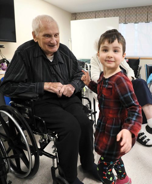 RUTH BONNEVILLE / WINNIPEG FREE PRESS

Sunday Special, Feature on  - Seniors and kids music class. 

Photo of Hela (4yrs), as she interacts with Roland (Rolly) Remillard during music class. 

Daycare kids (ages 3 & 4), from Prairie Children's Centre, and residents of Pembina Place Personal Care Home, both located at the Deaf Centre Manitoba on Pembina,  meet weekly for 30 minute music class.  

Music teacher and chaplain, Michele Barr,
leads kids into playing bells and drums and other percussion instruments, as well as dancing with ribbons and scarfs during interactive music class Friday.  The children take part in the class in the centre as the adults from the centre watch and participate.

See Brenda Suderman's story. Story to run on a Sunday, Feb 4th. 

January 18th, 2019
