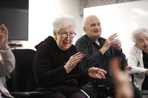 RUTH BONNEVILLE / WINNIPEG FREE PRESS

Sunday Special, Feature on  - Seniors and kids music class. 

Photo of residents Rose Manning and Roland (Rolly) Remillard clapping to the music as they take part in the class with the kids.  

Daycare kids (ages 3 & 4), from Prairie Children's Centre, and residents of Pembina Place Personal Care Home, both located at the Deaf Centre Manitoba on Pembina,  meet weekly for 30 minute music class.  

Music teacher and chaplain, Michele Barr,
leads kids into playing bells and drums and other percussion instruments, as well as dancing with ribbons and scarfs during interactive music class Friday.  The children take part in the class in the centre as the adults from the centre watch and participate.


See Brenda Suderman's story. Story to run on a Sunday, Feb 4th. 

January 18th, 2019
