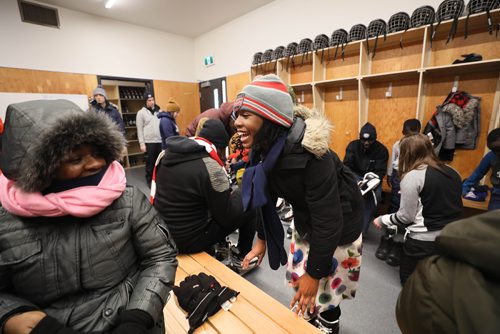 RUTH BONNEVILLE / WINNIPEG FREE PRESS

Story: The True North Youth Foundation  hosts the last of six 2018-19 Welcome to Winnipeg events where they welcome members of the Congo Canada Charity Foundation to experience winter sports at Camp Manitou on Saturday.  

Photo  Milca Bukasa (12yrs), laughing as she tries on skates for the 1st time before heading out onto the outdoor rink at Camp Manitou on Saturday.  

 
January 26th,  2019
