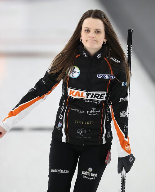 TREVOR HAGAN / WINNIPEG FREE PRESS
Skip Tracy Fleury after her first shot in the second end during the Scotties final in Gimli, Sunday, January 27, 2019.