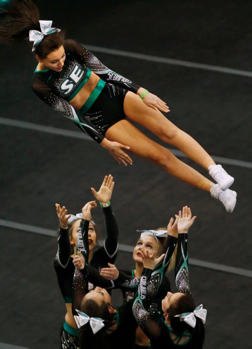 JOHN WOODS / WINNIPEG FREE PRESS
Scorpions - Immortals perform in the Senior-Allstar Level 3 division during the Double or Nothing Cheerleading Competition at the University of Manitoba in Winnipeg Sunday, January 27, 2019.