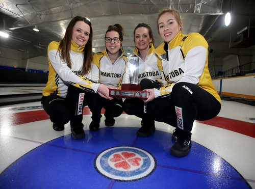 TREVOR HAGAN / WINNIPEG FREE PRESS
Skip,Tracy Fleury, third, Selena Njegovan, second, Liz Fyfe and lead, Kristin MacCuish after defeating Team Kerri Einarson during the Scotties final in Gimli, Sunday, January 27, 2019.