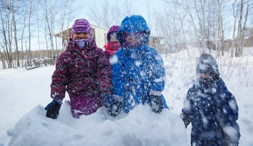 MIKE DEAL / WINNIPEG FREE PRESS
(From left) Bailey, 4, Tessa, 4, Josie, 4, and Neyla, 3, love playing in the snow during self-directed play outdoors Monday morning at the FortWhyte Alive Forest School.
A pre-school alternative where kids ages 3-5 spend the whole session outdoors in the woods, even in this cold weather. They are hardier than most adults! 
190128 - Monday, January 28, 2019.