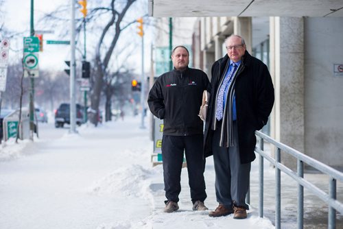 MIKAELA MACKENZIE / WINNIPEG FREE PRESS
Todd Dube, founder of Wise Up Winnipeg (left)  and Keith MacCharles, who is fighting two radar tickets, pose for a picture in front of the traffic courts in Winnipeg on Tuesday, Jan. 29, 2019. 
Winnipeg Free Press 2018.