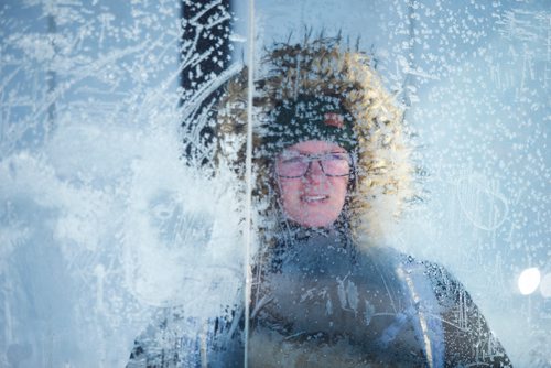 MIKAELA MACKENZIE / WINNIPEG FREE PRESS
Jillian Padford waits for her bus in a frosty bus shelter as temperatures near -50 with wind chill in Winnipeg on Tuesday, Jan. 29, 2019. 
Winnipeg Free Press 2018.