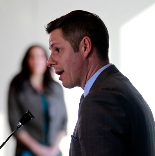 PHIL HOSSACK / WINNIPEG FREE PRESS - Mayor Brian Bowman announces a new initiative towards reconciliation as Kimberley Puhach of the Mayors Indigenous Advisory Circle listens. Also Santin Story. - January 29, 2019.