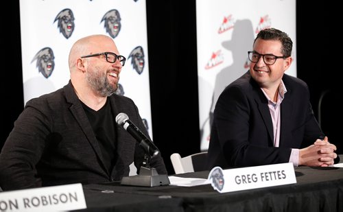 JOHN WOODS / WINNIPEG FREE PRESS
From left, 50 Below Inc. Chairman and ICE Governor Greg Fettes and ICE President and General Manager Matt Cockell speak during a press conference announcing the Kootenay Ice WHL hockey team moving to Winnipeg Tuesday, January 29, 2019.