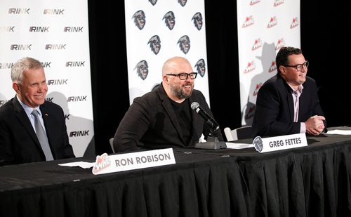 JOHN WOODS / WINNIPEG FREE PRESS
From left, WHL Commissioner Ron Robison, 50 Below Inc. Chairman and ICE Governor Greg Fettes and ICE President and General Manager Matt Cockell speak during a press conference announcing the Kootenay Ice WHL hockey team moving to Winnipeg Tuesday, January 29, 2019.