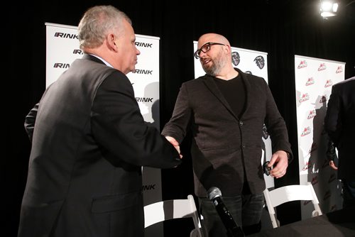 JOHN WOODS / WINNIPEG FREE PRESS
From left, WHL Commissioner Ron Robison and 50 Below Inc. Chairman and ICE Governor Greg Fettes shake hands after a press conference announcing the Kootenay Ice WHL hockey team moving to Winnipeg Tuesday, January 29, 2019.