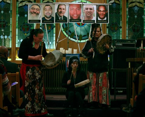 PHIL HOSSACK / WINNIPEG FREE PRESS - The Running Buffalo Women's Singers Drum group sings and drums at a Tuesday evening Memorial for six men shot and killed at a Montreal Mosque in 2017. - January 29, 2019. 

"On January 29th, 2017 six men were shot and killed while nineteen were injured, some permanently, as they practiced their faith through evening prayers.  This is by far the deadliest example of Islamophobia in Canada but by no means the only one.  Statistics Canada reported last December that crimes targeting Muslims accounted for almost 1 in 5 of all reported hate crimes in Canada.  On January 10th, 2019, a man felt emboldened enough to state at an open, televised town hall meeting with the Prime Minister of Canada that our open border was allowing the tyranny coming down on us that he  went on to identify as Islam. 

Here in Winnipeg, we have our share of racism and intolerance.  As residents of Treaty 1 Territory, the traditional territory of the Anishinaabeg, Cree, OjiCree, Dakota, Dene peoples and the homeland of the Metis Nation, we acknowledge that they were the first recipients of discrimination, racism and oppression on this land.  Unfortunately, the racism they face, continues to today.   

Our goal for this Day of Remembrance is to stand in solidarity with everyone who understands that if one group of Canadians due to their race or religion can be labelled as the other, lesser or worse to be feared, then any group of people can be labelled as such, and consequently marginalized.

We invite all Winnipeggers to join us in taking the time to pause, reflect, and reiterate our commitment to unity and solidarity against all hate-fueled and bigoted actions that would seek to divide us."