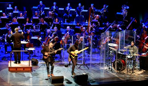 PHIL HOSSACK / WINNIPEG MANITOBA - Animals as Leaders'  Javier Reyes Tosin Abasi (rcentre) and drummer Matt Garstka on stage with the WSO at the New Music Festival Wednesday. -  See Holly's story. January 30, 2019