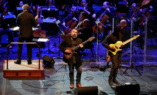 PHIL HOSSACK / WINNIPEG MANITOBA - Animals as Leaders'  Javier Reyes and Tosin Abasi (right) on stage with the WSO at the New Music Festival Wednesday. -  See Holly's story. January 30, 2019