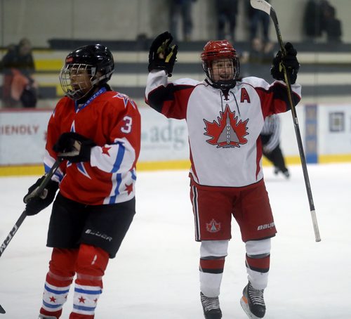 TREVOR HAGAN / WINNIPEG FREE PRESS
Winnipeg Avros' Emily Daniels, celebrates after scoring on Gentry Academy, during the Female World Sport School Challenge hockey tournament at the Iceplex, Thursday, January 31, 2019.