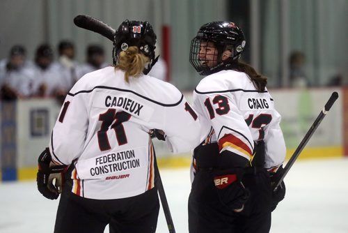 TREVOR HAGAN / WINNIPEG FREE PRESS
Lloydminster PMW Steelers, Jayde Cadieux and Hayleigh Craig celebrate after Craig scored against the Pilot Mound Buffaloes during the Female World Sport School Challenge hockey tournament at the Iceplex, Thursday, January 31, 2019.