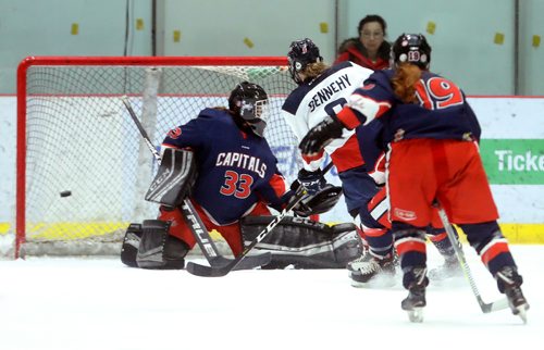 TREVOR HAGAN / WINNIPEG FREE PRESS
St.Mary's Academy Flames' Sarah Dennehy scores on the Central Plains Capitals during the Female World Sport School Challenge hockey tournament at the Iceplex, Thursday, January 31, 2019.