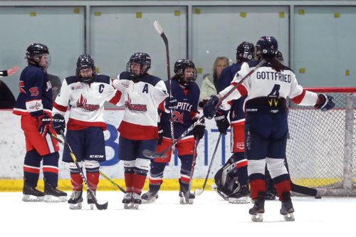 TREVOR HAGAN / WINNIPEG FREE PRESS
St.Mary's Academy Flames' Sarah Dennehy celebrates after scoring on the Central Plains Capitals during the Female World Sport School Challenge hockey tournament at the Iceplex, Thursday, January 31, 2019.