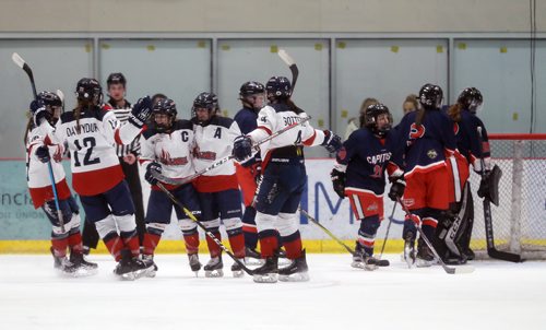 TREVOR HAGAN / WINNIPEG FREE PRESS
St.Mary's Academy Flames' celebrates after Sarah Dennehy, middle, scored on the Central Plains Capitals during the Female World Sport School Challenge hockey tournament at the Iceplex, Thursday, January 31, 2019.
