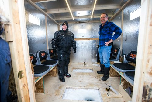 MIKAELA MACKENZIE / WINNIPEG FREE PRESS
RCMP commissioner Brenda Lucki visits with Garry Sakhoudt in his ice shack on the Red River near Selkirk, Manitoba on Friday, Feb. 1, 2019.
Winnipeg Free Press 2018.