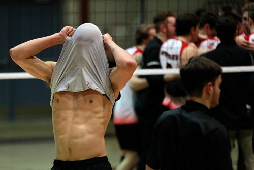 PHIL HOSSACK / WINNIPEG FREE PRESS - Manitoba Bison #12 pulls his shirt over his head in frustration after the Wesmen Men took the final in the Wesmen Classic Volleyball tournament Friday. 2 of 3 pics -February 1, 2019