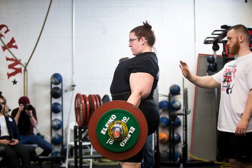 MIKAELA MACKENZIE / WINNIPEG FREE PRESS
Jocelynn Johnson, deaf lifter, does her deadlift at the Brickhouse Gyms fourth annual Powerlifting Competition, Manitoba's largest powerlifting competition to date, in Winnipeg on Saturday, Feb. 2, 2019.
Winnipeg Free Press 2018.