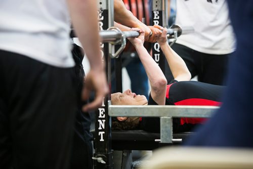 MIKAELA MACKENZIE / WINNIPEG FREE PRESS
Tammy Hardt, part of the Bar-Benders Special Olympics team, does her bench press at Brickhouse Gyms fourth annual powerlifting competition, Manitoba's largest powerlifting competition to date, in Winnipeg on Saturday, Feb. 2, 2019.
Winnipeg Free Press 2018.