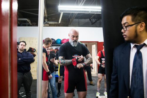 MIKAELA MACKENZIE / WINNIPEG FREE PRESS
Roger Girard prepares for his bench press at Brickhouse Gyms fourth annual powerlifting competition, Manitoba's largest powerlifting competition to date, in Winnipeg on Saturday, Feb. 2, 2019.
Winnipeg Free Press 2018.