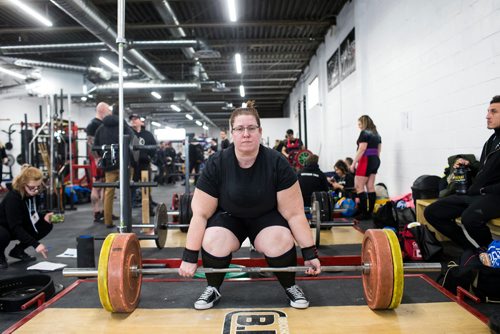 MIKAELA MACKENZIE / WINNIPEG FREE PRESS
Jocelynn Johnson, deaf lifter, warms up at Brickhouse Gyms fourth annual powerlifting competition, Manitoba's largest powerlifting competition to date, in Winnipeg on Saturday, Feb. 2, 2019.
Winnipeg Free Press 2018.