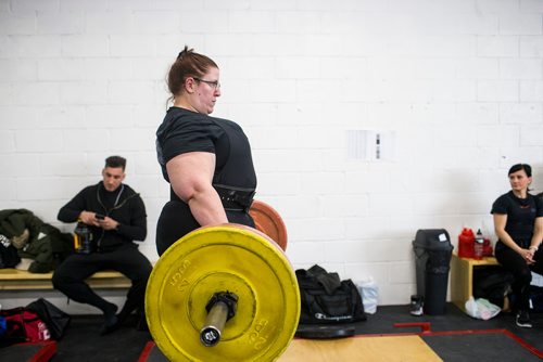 MIKAELA MACKENZIE / WINNIPEG FREE PRESS
Jocelynn Johnson, deaf lifter, warms up at Brickhouse Gyms fourth annual powerlifting competition, Manitoba's largest powerlifting competition to date, in Winnipeg on Saturday, Feb. 2, 2019.
Winnipeg Free Press 2018.