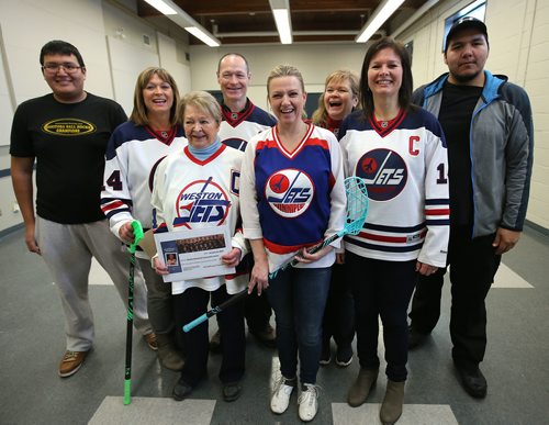 JASON HALSTEAD / WINNIPEG FREE PRESS

L-R: Nathan Ostamus (Weston Memorial Community Centre staff member), Cindy East (Ab McDonald's daughter), Pat McDonald (McDonald's wife), Steven McDonald (McDonald's son), Michelle Cooke (manager, Weston Memorial Community Centre), Lori-Lynn Koke (McDonald's daughter), Kristina Gottfried (McDonald's daughter) and Brennon Green (Weston Memorial Community Centre staff member) take part in the Ab McDonald Foundation event at Weston Memorial Community Centre on Jan. 12, 2019. (See Social Page)