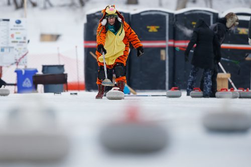 JOHN WOODS / WINNIPEG FREE PRESS
April from the Winnipeg Roller Derby League braved the cold in costume to take part in the Ironman Outdoor Curling Classic on the Red River at The Forks in Winnipeg Sunday, February 3, 2019.