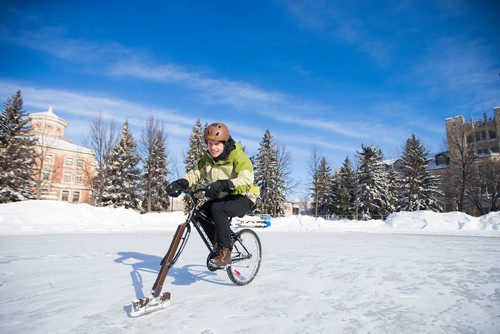 MIKAELA MACKENZIE / WINNIPEG FREE PRESS
Don Russell, U of M student, tries out the ice bikes (bikes retrofitted with blades on the front end) at the University of Manitoba in Winnipeg on Wednesday, Feb. 6, 2019. The bikes were made for the Big Bike Chill taking place later this month at the Forks, and the event was organized as part of the Jack Frost Challenge, which aims to get people outdoors and active in the deep freeze of winter.
Winnipeg Free Press 2019