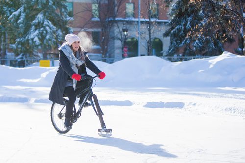 MIKAELA MACKENZIE / WINNIPEG FREE PRESS
Kristine Dornn, sustainability analyst at the office of sustainability, tries out the ice bikes (bikes retrofitted with blades on the front end) at the University of Manitoba in Winnipeg on Wednesday, Feb. 6, 2019. The bikes were made for the Big Bike Chill taking place later this month at the Forks, and the event was organized as part of the Jack Frost Challenge, which aims to get people outdoors and active in the deep freeze of winter.
Winnipeg Free Press 2019