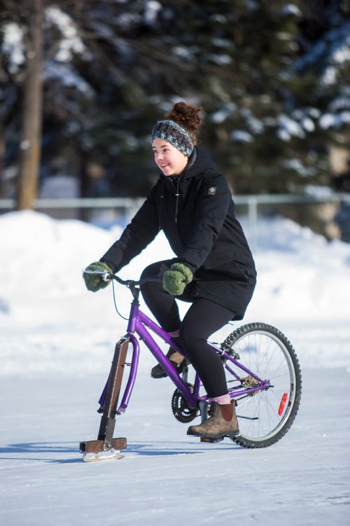 MIKAELA MACKENZIE / WINNIPEG FREE PRESS
Noelle Wood, U of M environmental studies student, tries out the ice bikes (bikes retrofitted with blades on the front end) at the University of Manitoba in Winnipeg on Wednesday, Feb. 6, 2019. The bikes were made for the Big Bike Chill taking place later this month at the Forks, and the event was organized as part of the Jack Frost Challenge, which aims to get people outdoors and active in the deep freeze of winter.
Winnipeg Free Press 2019