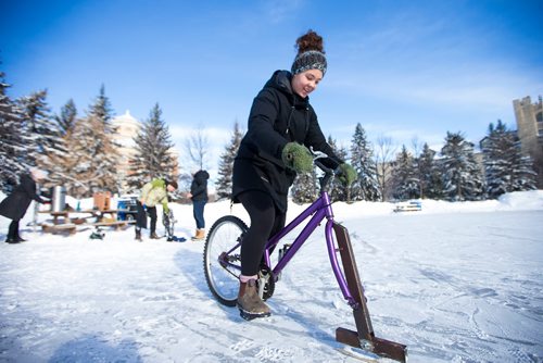 MIKAELA MACKENZIE / WINNIPEG FREE PRESS
Noelle Wood, U of M environmental studies student, tries out the ice bikes (bikes retrofitted with blades on the front end) at the University of Manitoba in Winnipeg on Wednesday, Feb. 6, 2019. The bikes were made for the Big Bike Chill taking place later this month at the Forks, and the event was organized as part of the Jack Frost Challenge, which aims to get people outdoors and active in the deep freeze of winter.
Winnipeg Free Press 2019