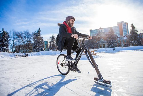 MIKAELA MACKENZIE / WINNIPEG FREE PRESS
Tarn Gosal, U of M nursing student, tries out the ice bikes (bikes retrofitted with blades on the front end) at the University of Manitoba in Winnipeg on Wednesday, Feb. 6, 2019. The bikes were made for the Big Bike Chill taking place later this month at the Forks, and the event was organized as part of the Jack Frost Challenge, which aims to get people outdoors and active in the deep freeze of winter.
Winnipeg Free Press 2019