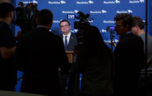 MIKE DEAL / WINNIPEG FREE PRESS
Municipal Relations Minister Jeff Wharton holds a press conference in the rotunda of the Manitoba Legislative Building Wednesday afternoon addressing the City of Winnipeg funding situation.
190206 - Wednesday, February 06, 2019.