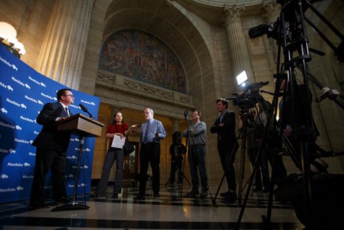 MIKE DEAL / WINNIPEG FREE PRESS
Municipal Relations Minister Jeff Wharton holds a press conference in the rotunda of the Manitoba Legislative Building Wednesday afternoon addressing the City of Winnipeg funding situation.
190206 - Wednesday, February 06, 2019.