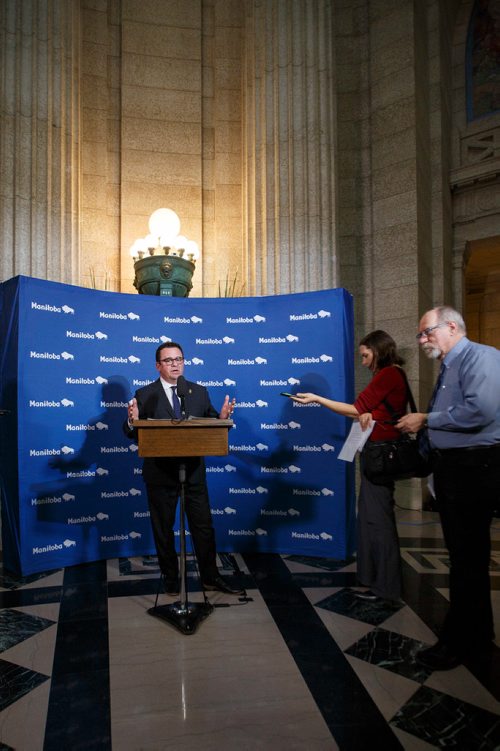 MIKE DEAL / WINNIPEG FREE PRESS
Municipal Relations Minister Jeff Wharton holds a press conference in the rotunda of the Manitoba Legislative Building Wednesday afternoon addressing the City of Winnipeg funding situation.
190206 - Wednesday, February 06, 2019.