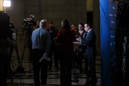 MIKE DEAL / WINNIPEG FREE PRESS
Municipal Relations Minister Jeff Wharton holds a press conference in the rotunda of the Manitoba Legislative Building Wednesday afternoon addressing the City of Winnipeg funding situation.
190206 - Wednesday, February 06, 2019.