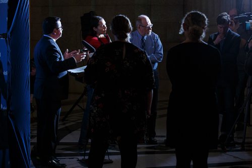 MIKE DEAL / WINNIPEG FREE PRESS
Municipal Relations Minister Jeff Wharton holds a press conference in the rotunda of the Manitoba Legislative Building Wednesday afternoon addressing the City of Winnipeg funding situation.
190206 - Wednesday, February 06, 2019.